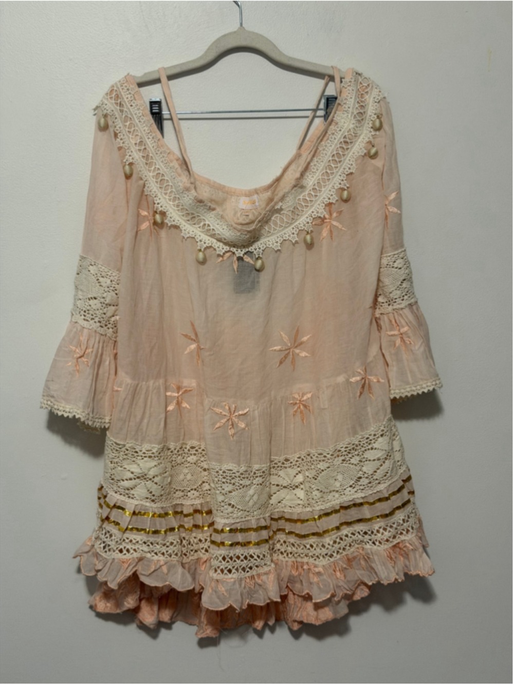 Pastel Pink Boho Mini Dress S/M Off Shoulder Lace Embroidered Beach Cover Up - Picture 3 of 5